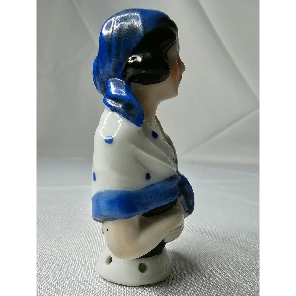 German Art Deco Porcelain Pin Cushion Half Doll, Blue Polka Dot Shawl Head Scarf